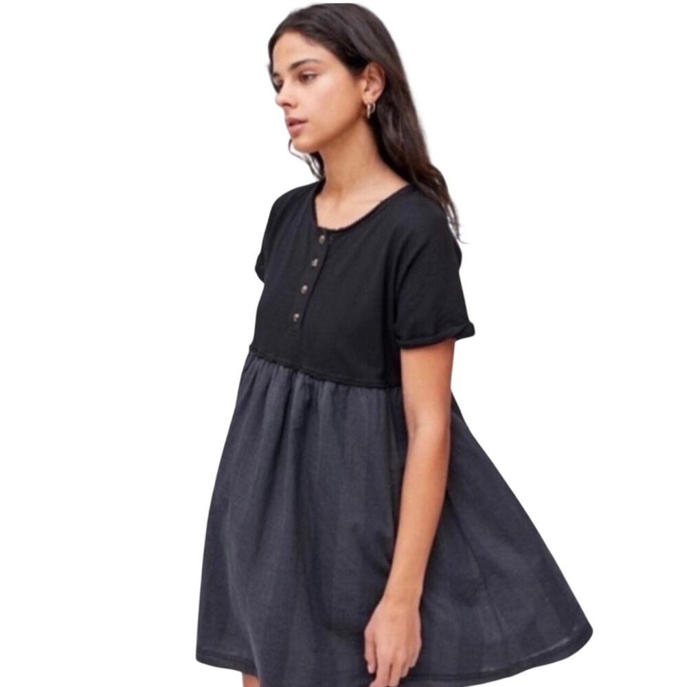 BDG Women’s Mixed Media Black Henley Babydoll Mini Dress